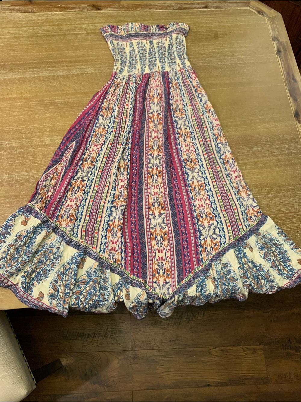 Angie Multicolor Smocked Maxi Dress in Blue, Pink, Cream-beautiful bohemian. - Picture 8 of 9